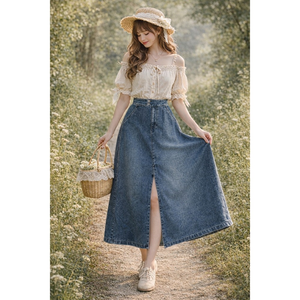 Vtg Liz‎ Claiborne Lizwear Jeans Denim Maxi Skirt Cotton Cottagecore Slit 6 K2 - Picture 2 of 9